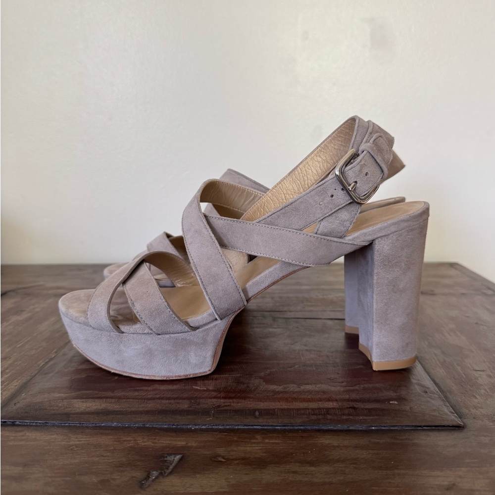 Stuart Weitzman Dayna taupe suede leather platform block heel sandals size‎ M